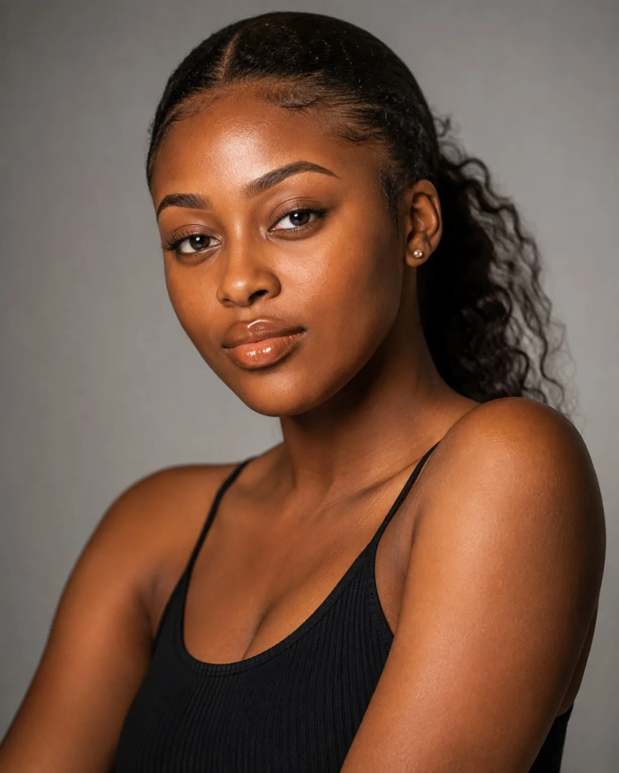 Close-up portrait of a Black woman in studio light